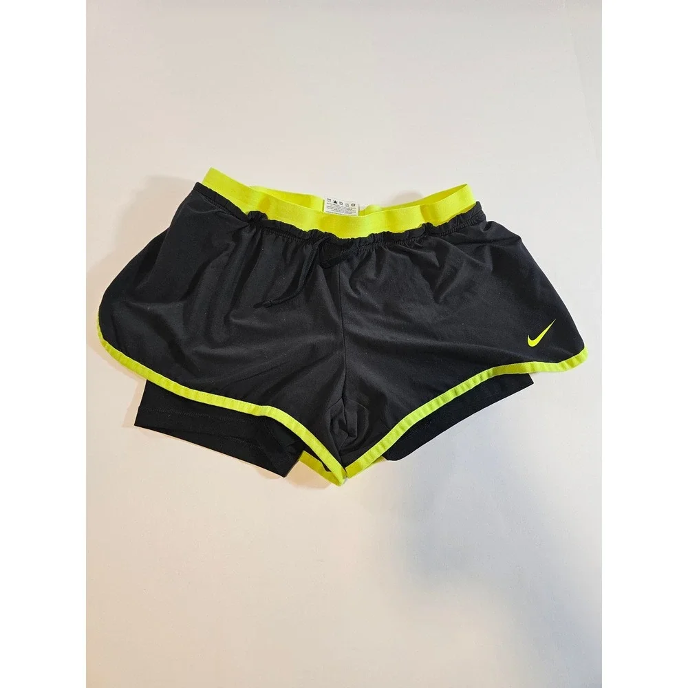 Nike Dri-FIT 2-in-1‎ Running Shorts Women S Black Neon Yellow Athletic Workout